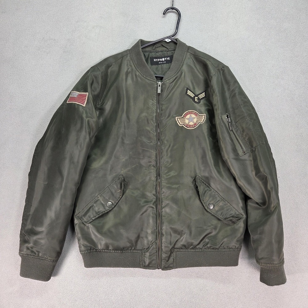 HYPNOTIC Jacket Mens Medium Green Bomber American Crew Patches Flight Military